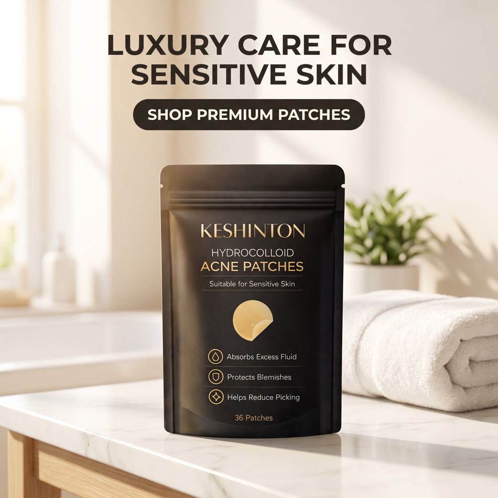 Keshinton Hydrocolloid Acne Patches on a marble bathroom counter